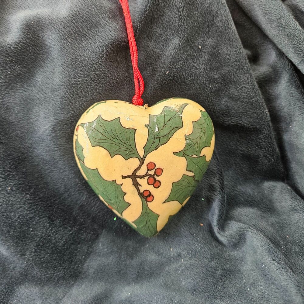 Vintage Victorian style Paper Mache Heart Christmas Ornament Cottage Core Holly